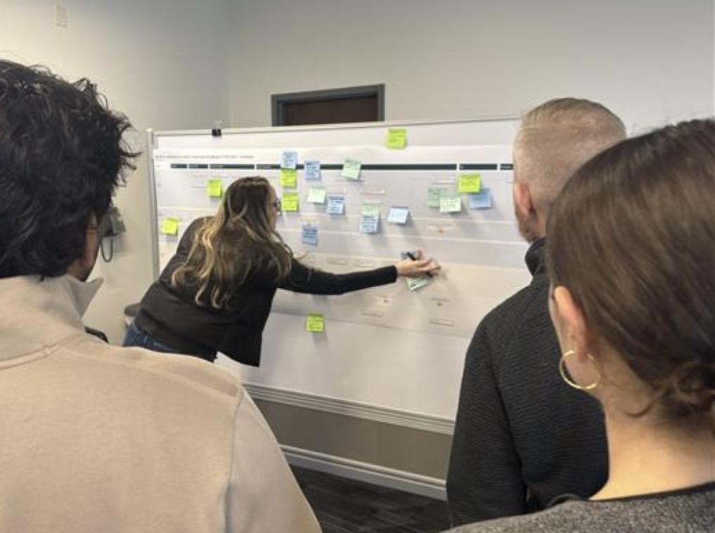 Team workshopping the certification program on a whiteboard