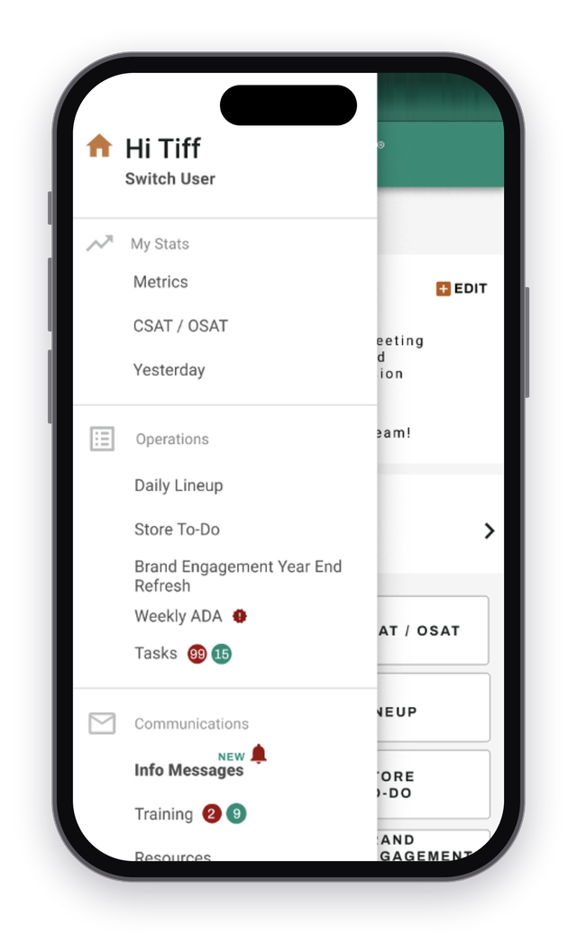Old app with the side drawer menu open, listing every feature