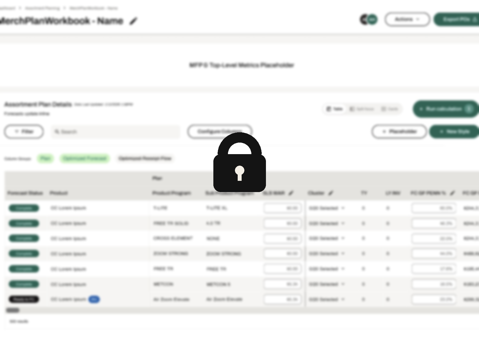 Blurred screens from the Inventory planning workbook with a lock icon — case study is password protected