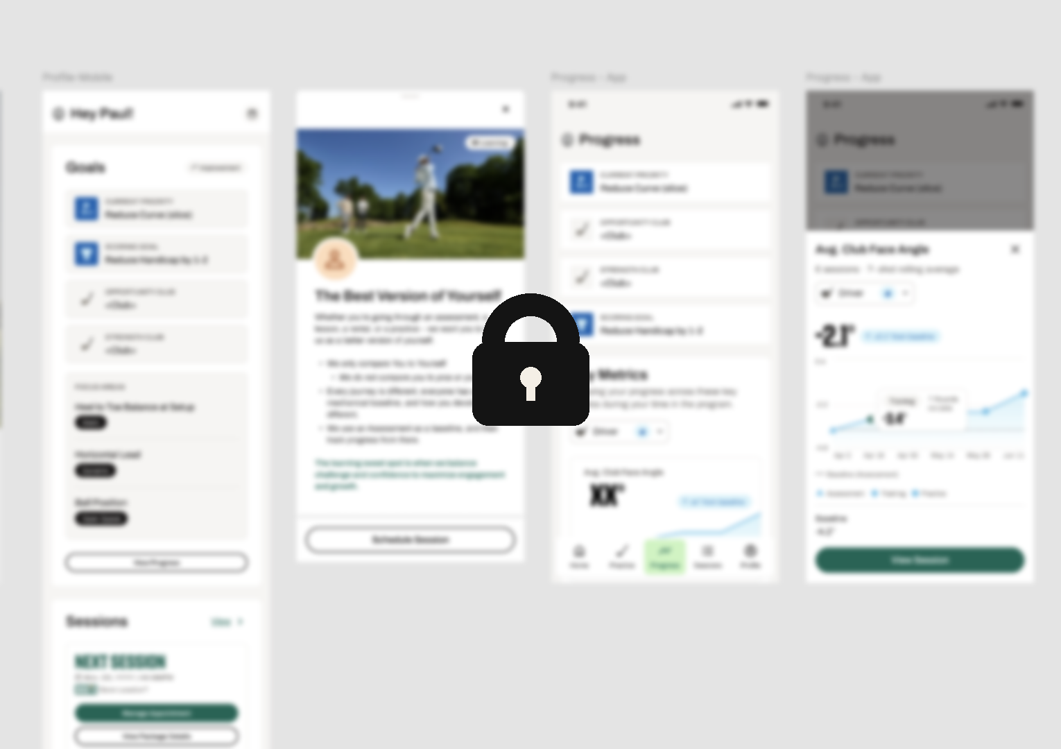 Blurred app screens from the Performance Pilot with a lock icon — case study is password protected