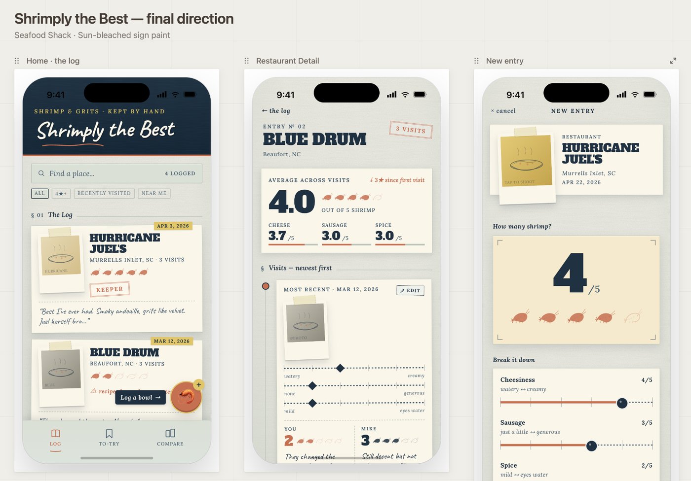 Shrimply the Best app design: the log of rated restaurants, a restaurant detail page, and a new entry screen