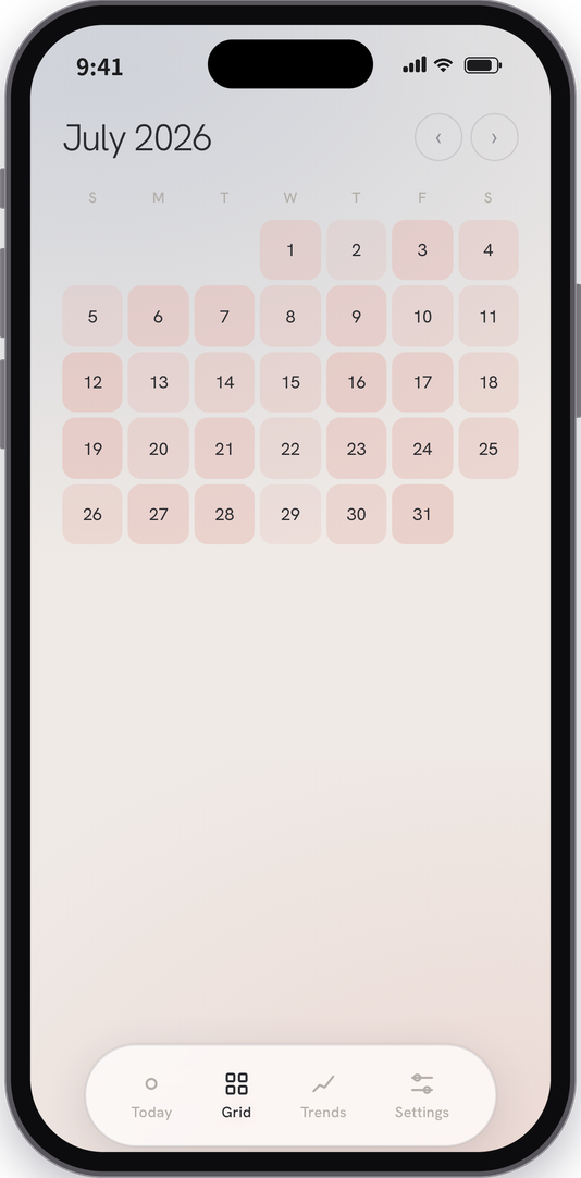 Well app Grid screen in an iPhone frame