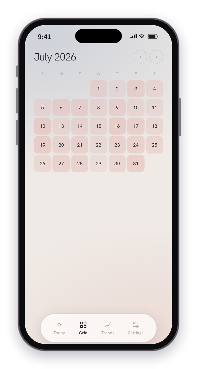 Well Grid screen: a month calendar with each day tinted by how many habits were kept