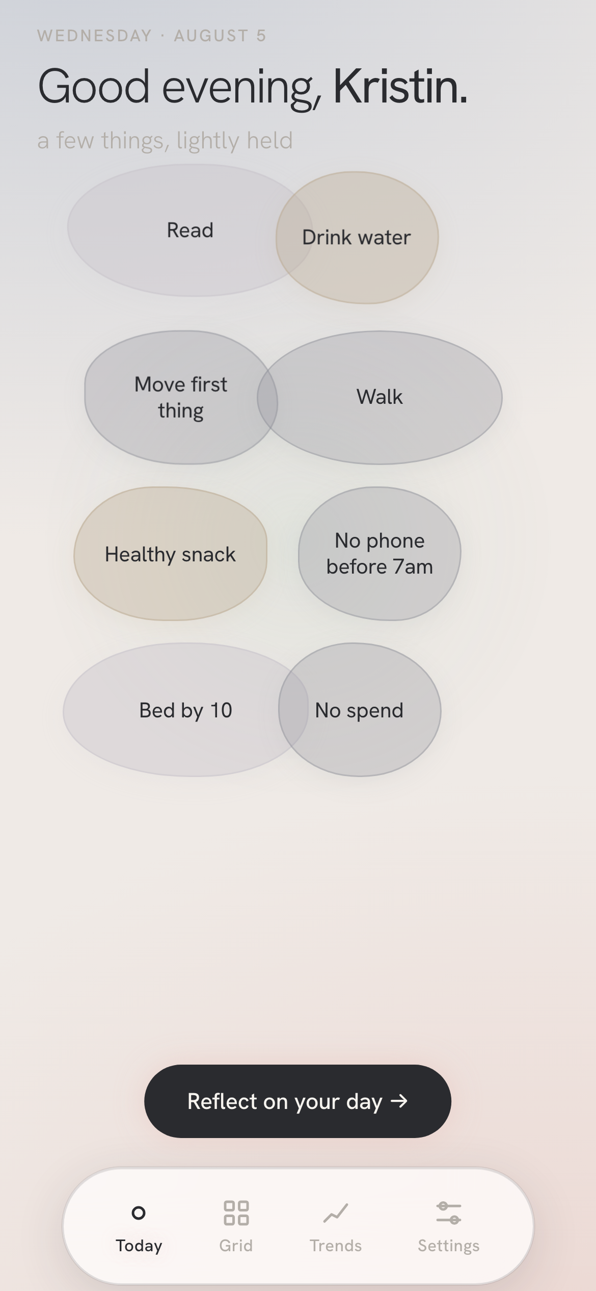 Well Today screen, Drift light theme